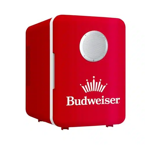 Budweiser Mini Fridge With Built In Speaker   Litercan Capacity, Portable Beverage Cooler For Snacks, Lunch, Drinks, And Cosmetics, Hd Sound, Bluetooth , V Dc And V Ac