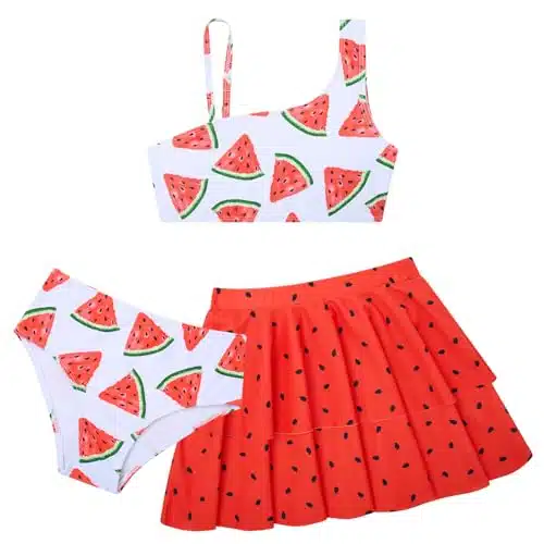 Raisevern Little Girls Bathing Suit Piece Swimsuit Adjustable Spaghetti Strap Watermelon Bikini Sets With Ruffle Cover Ups Beach Skirt Cute Quick Dry Tankini Summer Swimwear