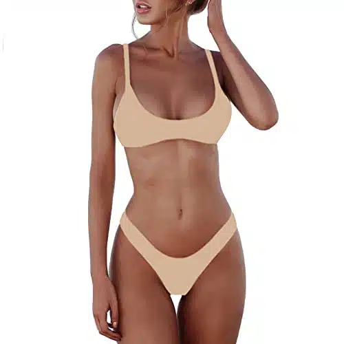 Sherrydc Women'S Solid Scoop Neck Push Up Padded Brazilian Thong Bikini Swimsuit,Beige,S